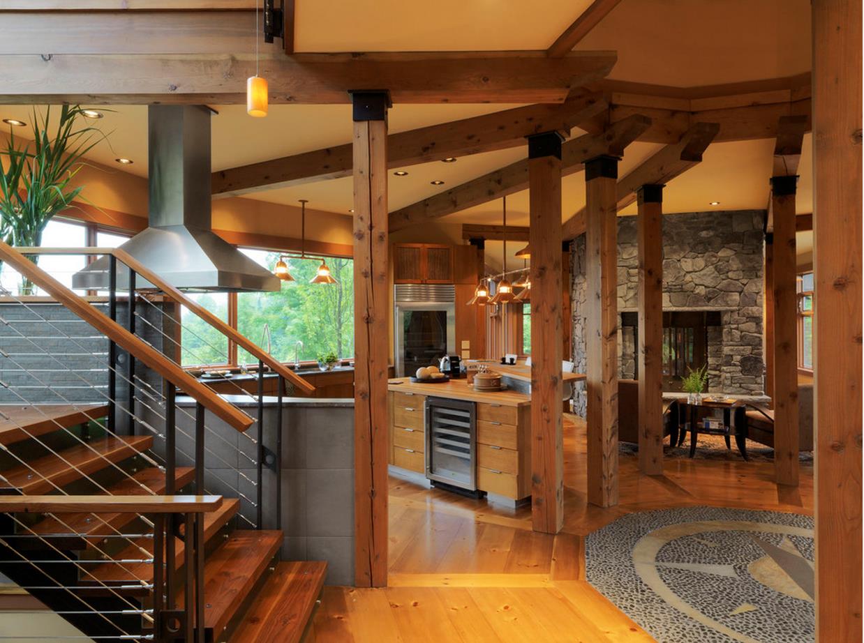 An almost shaking style is evoked by the fantastic use of wooden beams both vertically and above the roof. Image courtesy of Houzz.