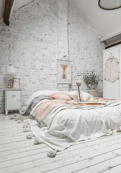 white brick wall bedroom "width =" 400 "height =" 573