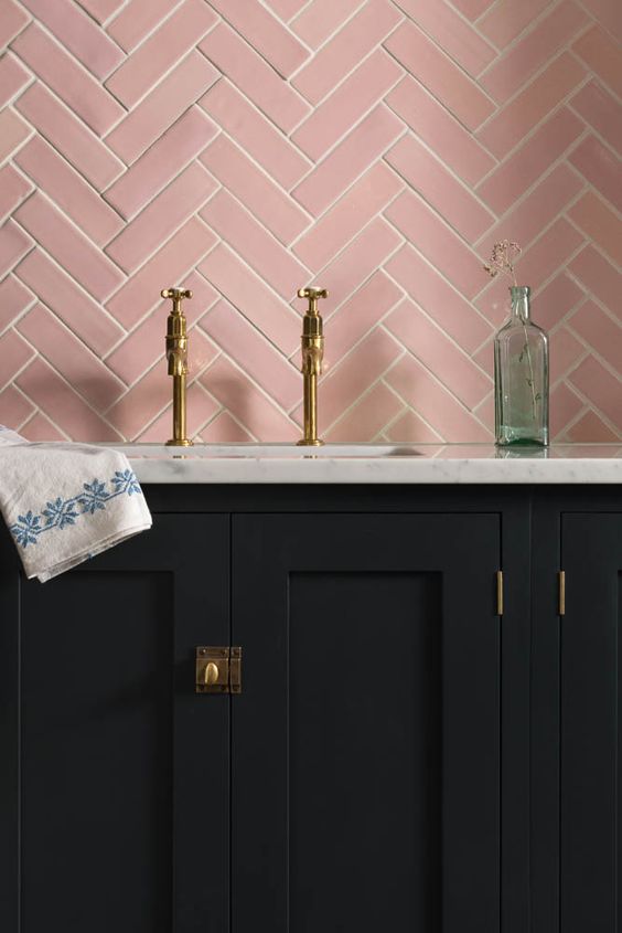 Our hand-made blush pink tiles look stunning in this pantry blue kitchen by deVOL Kitchens