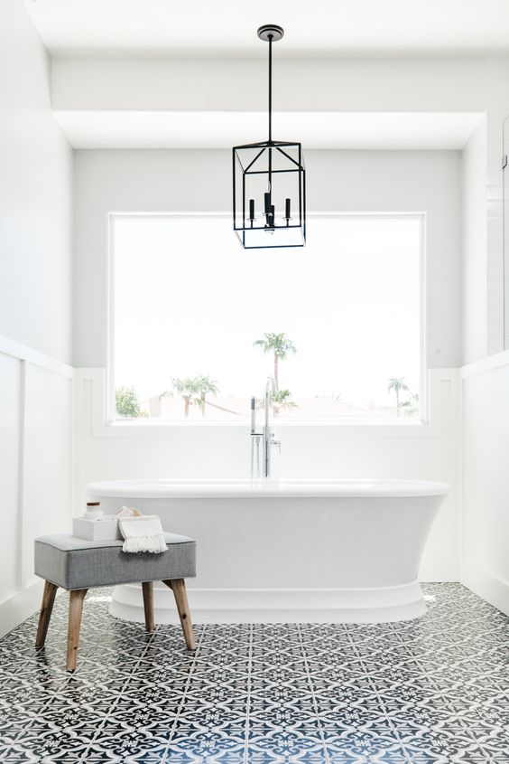 Our main bathroom reveal | The best makeover ever - must be seen in front of photos! Obsessed with this black + white tile! Love my freestanding tub!