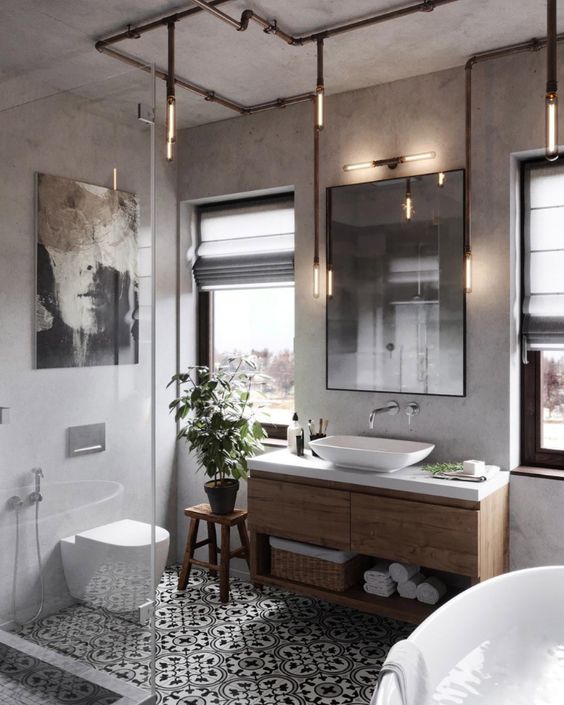 Wall hanging industrial farmhouse bathroom | Innovative building solutions #WallHungVanity #ShowerDesign #BathroomIdeas