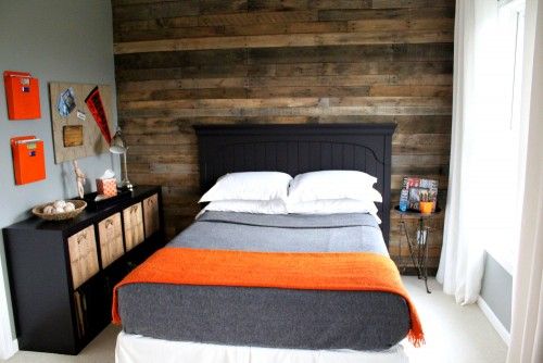 Tween Boy's room with reclaimed wood plank wall & vintage military .