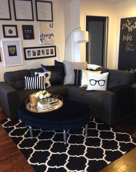 Mini living room re-do! Classic black, white, and gold with pops .