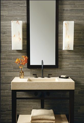 Example of wood plank accent wall with a chunky vanity in a Powder .