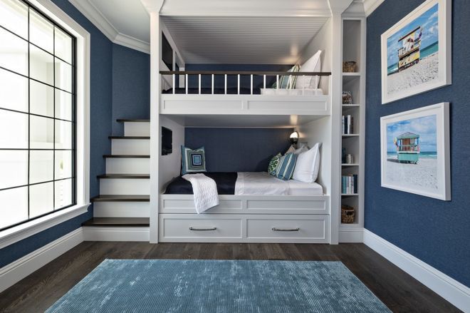 Inspiration for child's bedroom! Calming shades of navy, white and .