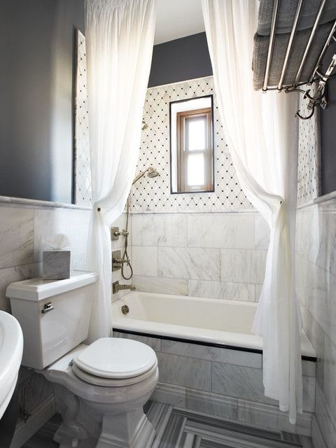 Traditional Bathroom Design With White Shower Curtain And Marble .
