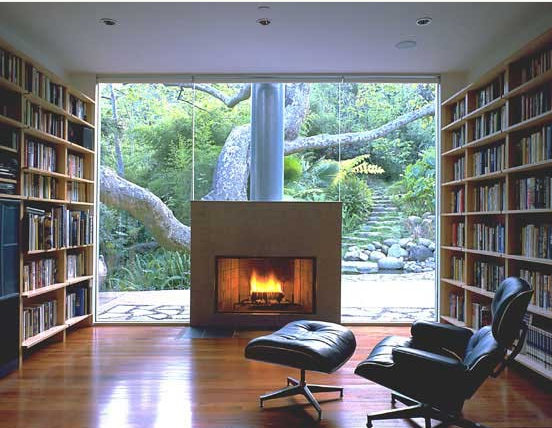 Fireplace on a glass wall - Bing Images | Home library design .