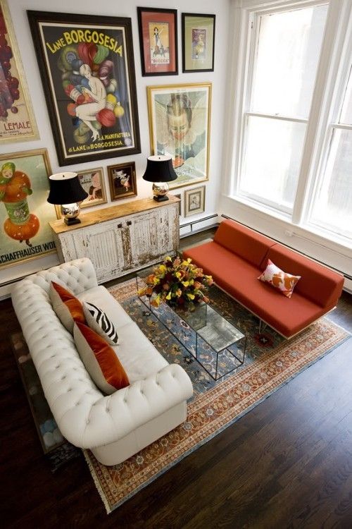 Gorgeous Living Room - Chesterfield Sofa + Black Shades + Art .