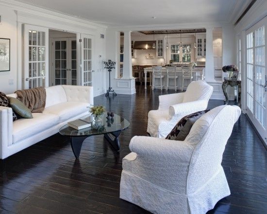 Traditional Living Room Dark Wood Floor White Trim Design .