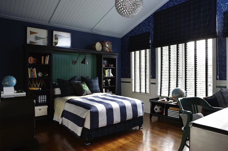 Fantastic boys bedroom with hardwood floors, navy walls and navy .