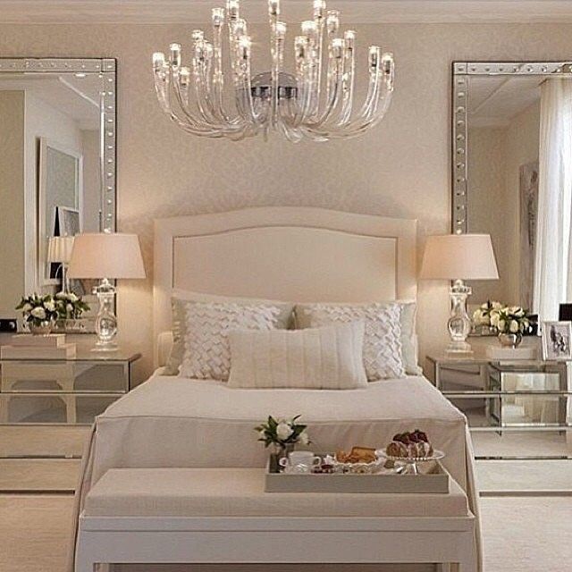 Luxury bedroom furniture mirrored night stands white headboard .