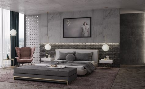 Trendy Industrial Bedroom Design with Gray and White Color Scheme .