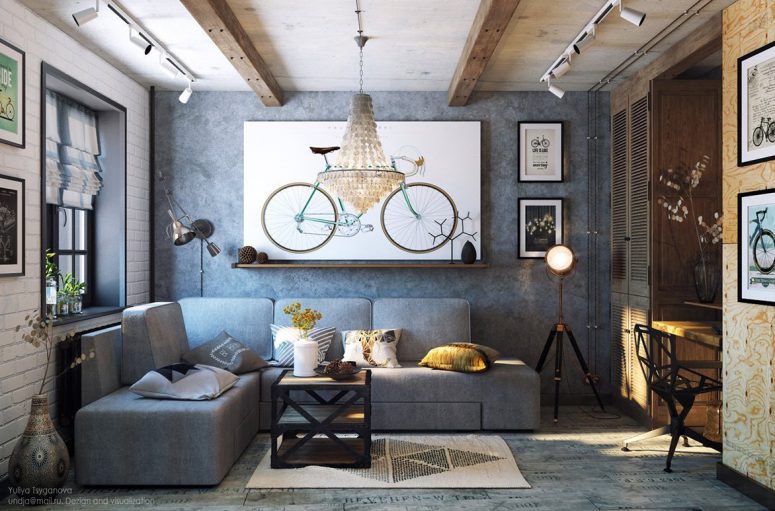 Cozy Industrial Living Room Design In Grey Tones - DigsDi