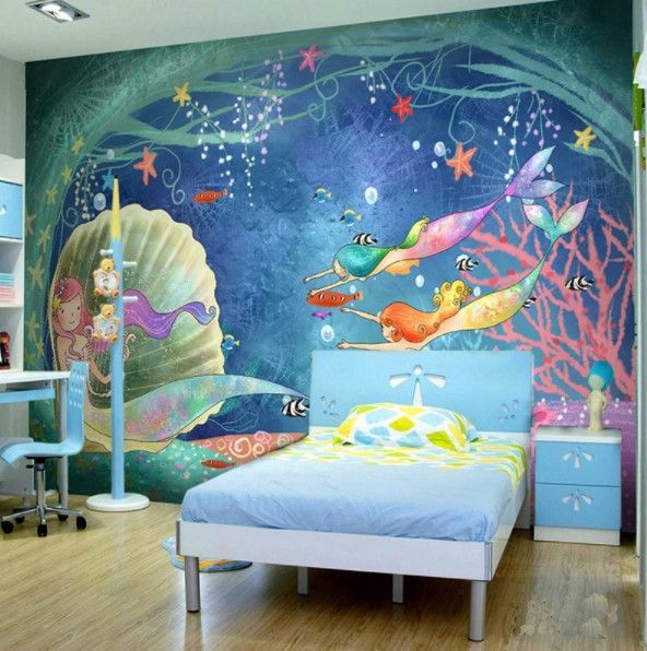 Cartoon Under the Sea Mermaids Fish Wallpaper for Kids' Room .