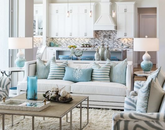 Chic Coastal Living Room in White, Aqua & Gray in 2020 | Coastal .