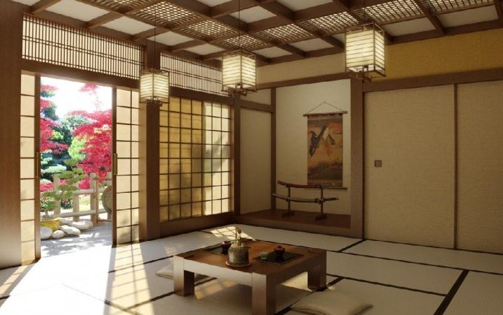 Japanese style living room with traditional pendant light .