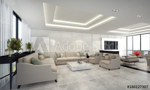 The luxury living room interior design and white pattern wall .