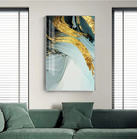 Modern Luxury Abstract Wall Art Golden Blue Jade Fine Art Canvas .