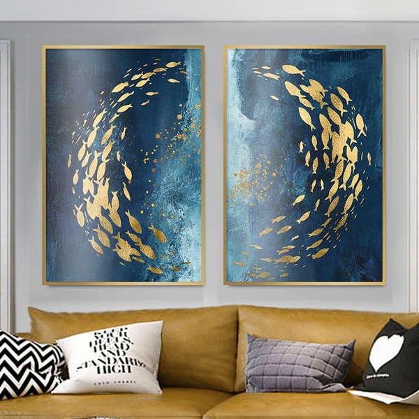 Blue Abstract Ocean Chinese Golden Fish Luxury Living Room Aisle .