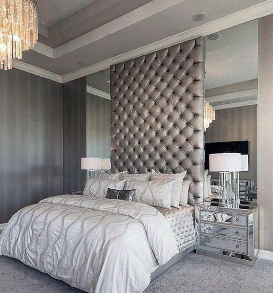 grey and silver mirror grey luxury bedroom tufted wall pannels .