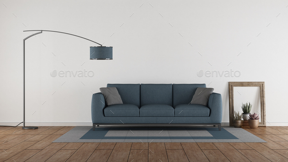 Blue sofa in a minimalist living room Stock Photo by archideapho