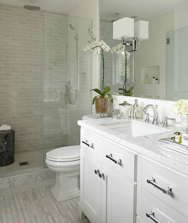 modern white small bathroom design idea- tile in shower | Small .