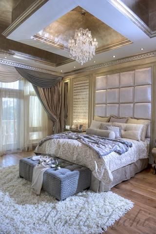 opulent classical/ modern bedroom. Chandelier. Interior design .