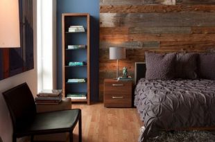 Wooden wall behind the bed! (Blue Wall Color Scheme and Wooden .