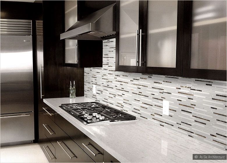 Brown Marble White Glass Backsplash Tile | Dark kitchen cabinets .
