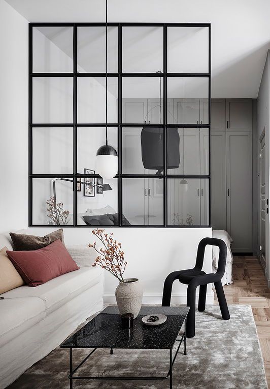 Smart studio with a glass partition | Small living rooms, Modern .