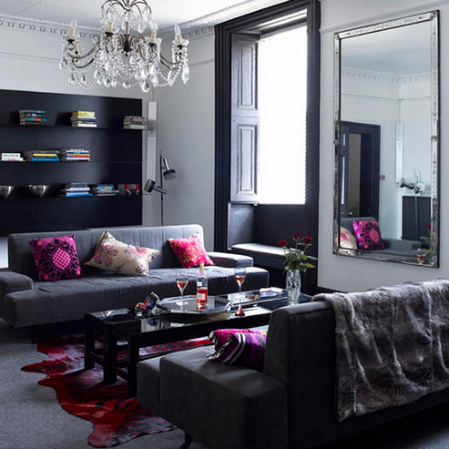 dark modern living room with a pop of color. | Living room grey .