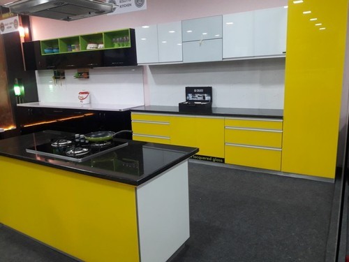 Yellow Island Laqured Glass Modular Kitchen, Warranty: 5-10 Years .