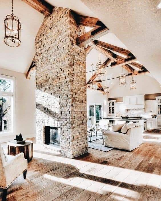 High ceilings, open floor plan, brick and wood. | House design .