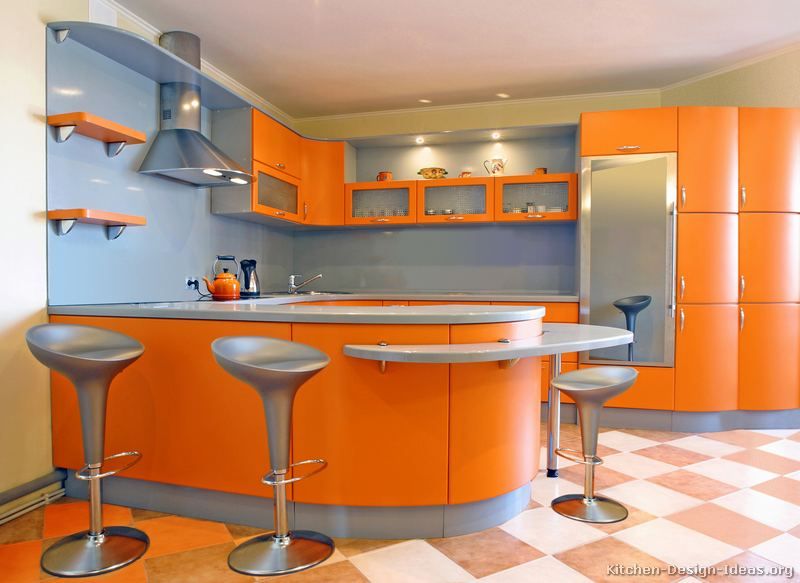 A Modern Orange Kitchen with Curved Cabinets | Kitchen cabinet .