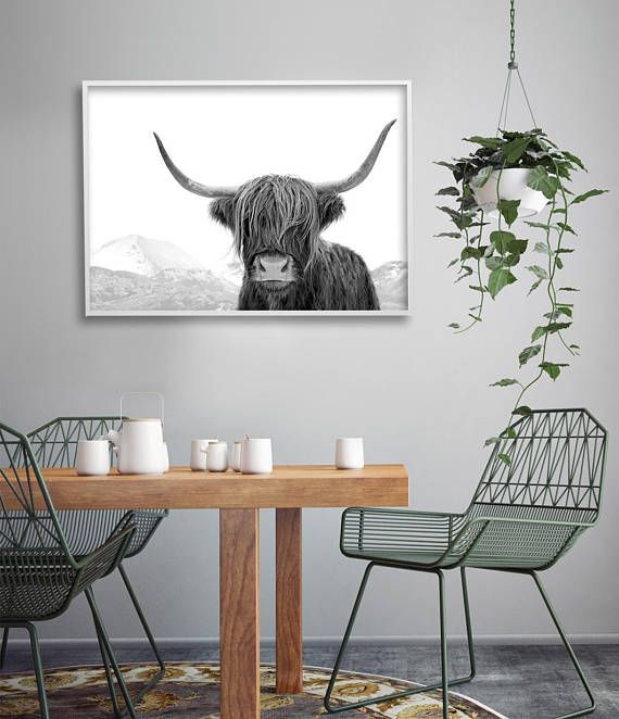 Large Highland Cow Print, Black and White Cow Art, Farm Animal .