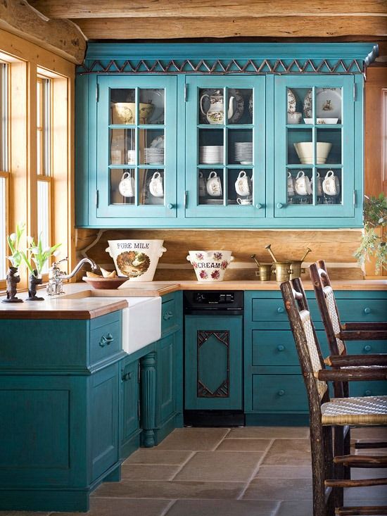 dark teal cabinets - rustic look kitchen~~ … | Blue kitchen .