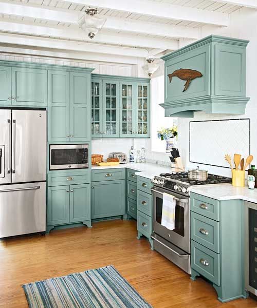 From Musty to Must-See Kitchen | Teal kitchen cabinets, Beach .