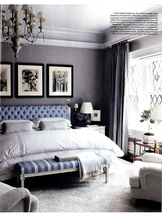 Bedroom- Dark grey textured walls, black and white photos and blue .