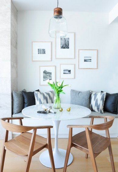 Dining nook ideas...love the built in bench white round table and .
