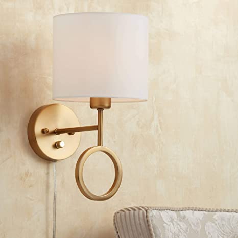 Amidon Wall Lamp Plug in Warm Brass Ring White Drum Shade for .