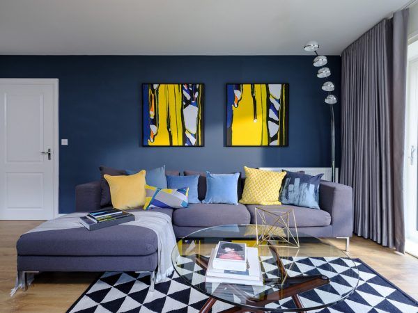 Modern living room with yellow accents | Blue, yellow living room .
